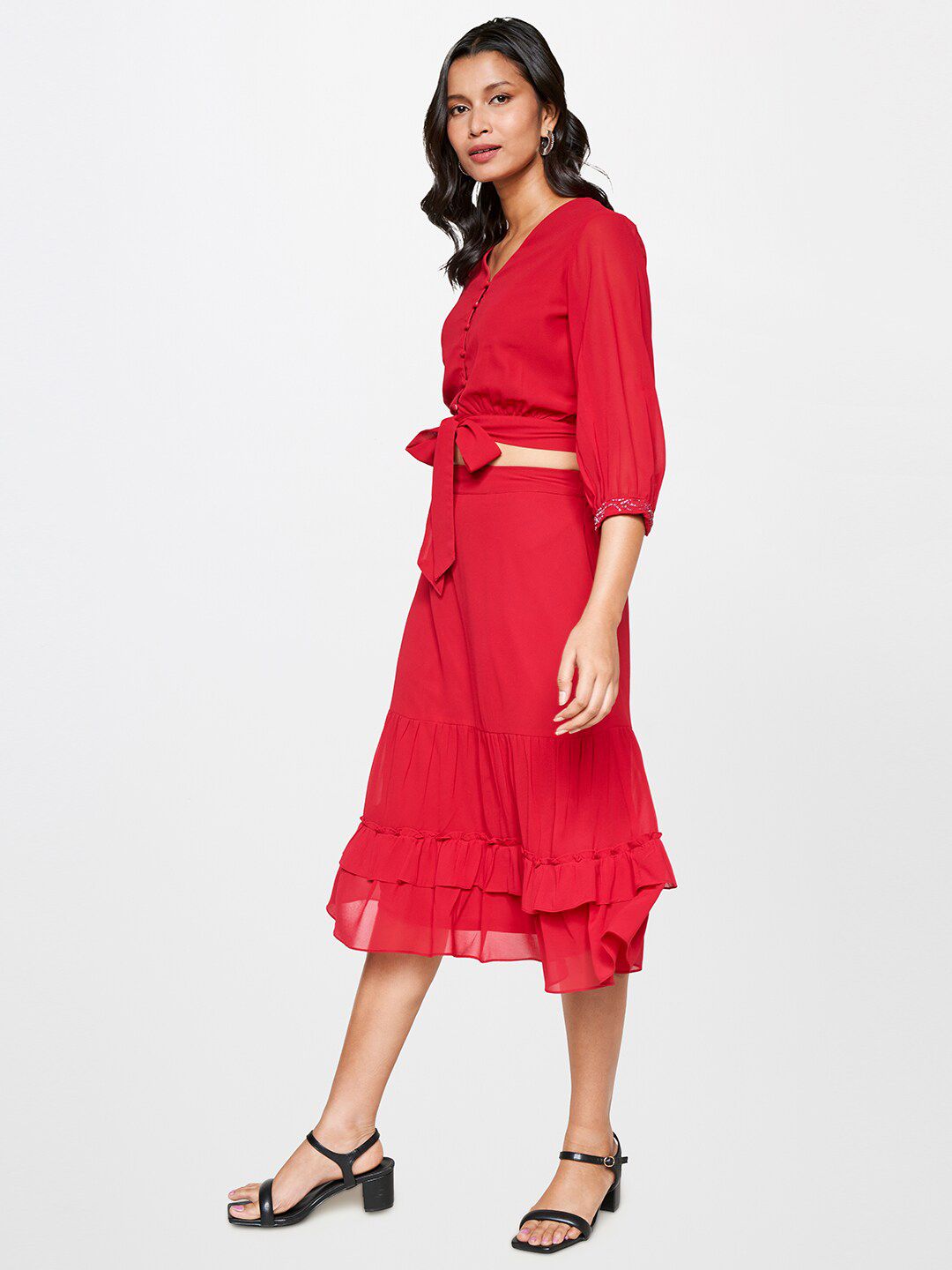 AND V-Neck Puff Sleeves Crop Top With Skirt Co-Ords