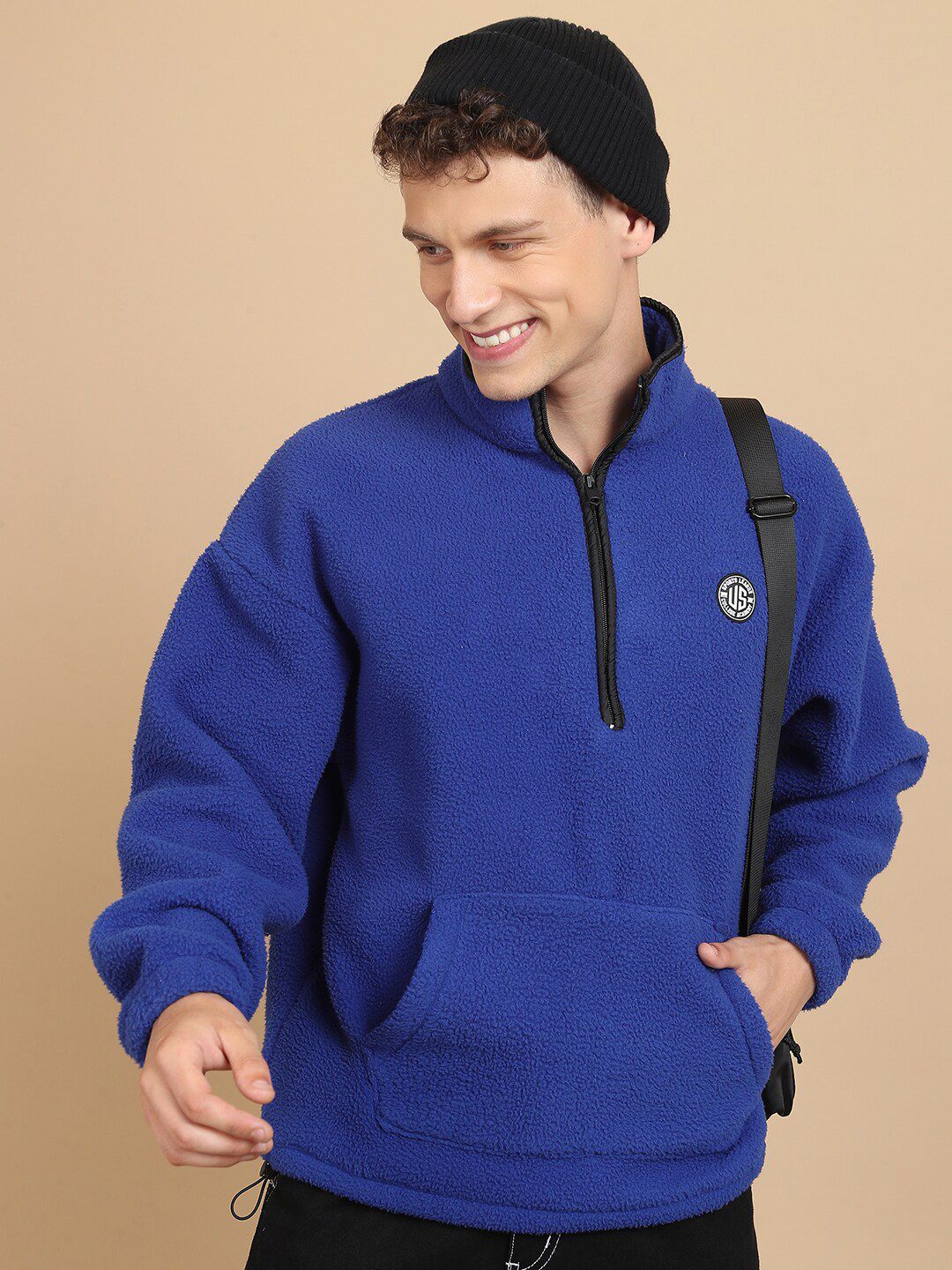HIGHLANDER High Neck Half Zipper Drop Shoulder Sleeves Oversized Pullover Sweatshirt