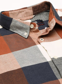 THE BEAR HOUSE Men Rust Brown & Navy Blue Slim Fit Checked Pure Cotton Casual Shirt