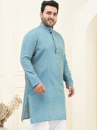 SOJANYA PLUS Men Blue & Golden Jacquard Silk Woven Design Straight Kurta