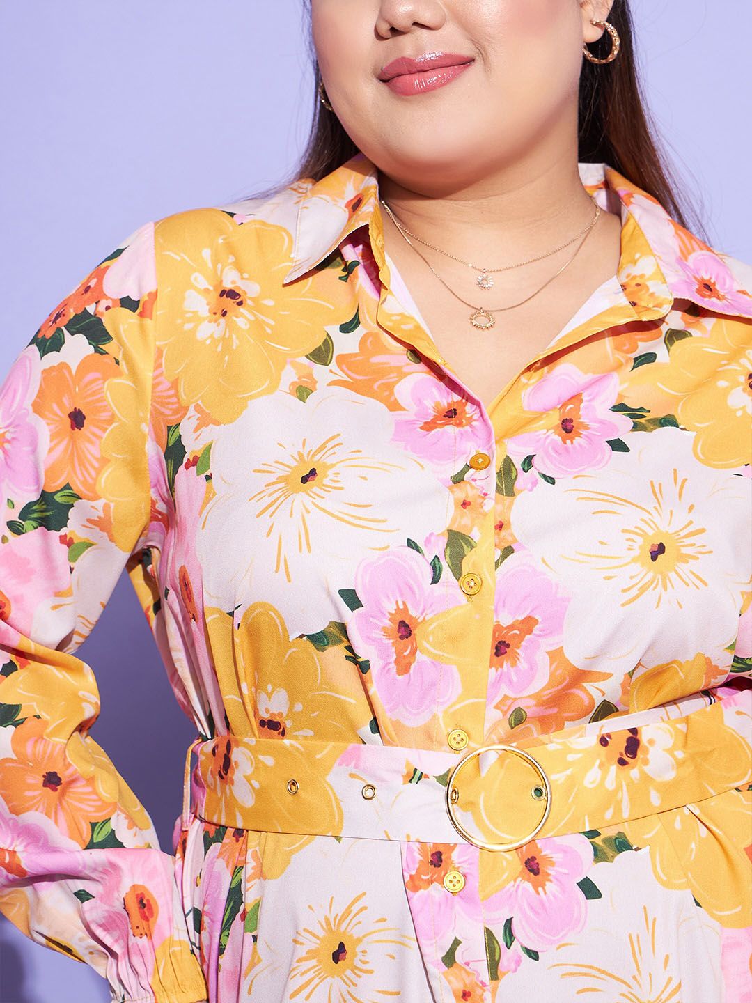 SASSAFRAS Curve Orange Plus Size Floral Printed Puff Sleeves Belted Shirt Dress