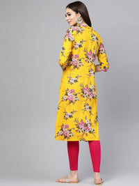 SOJANYA Women Mustard Yellow & Pink Floral Printed Straight Kurta