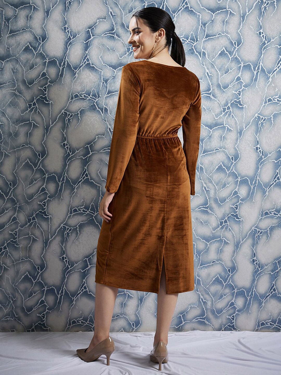 Athena Brown Sweetheart Neck Embellished Detailed A-Line Midi Dress