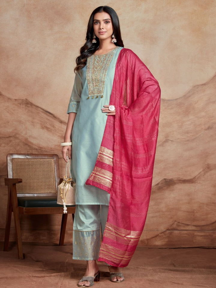 KALINI Ethnic Motifs Embroidered Round Neck Sequinned Kurta with Palazzos & Dupatta