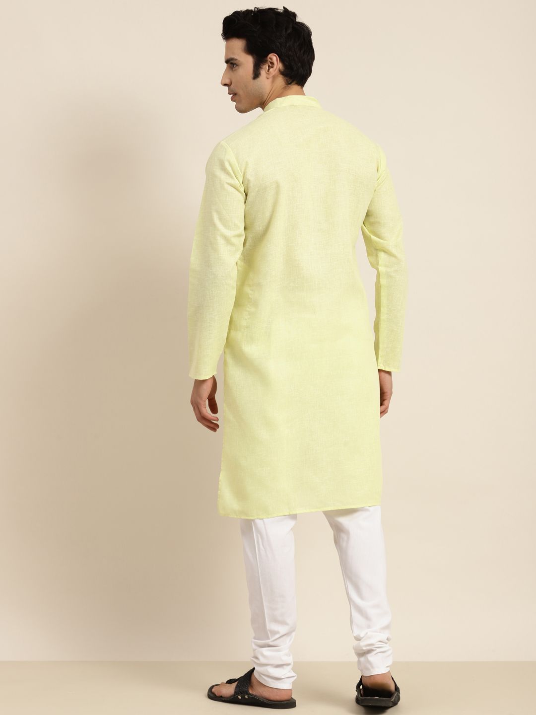 Anug by SOJANYA Men Lime Green Dobby Mandarin Collar Kurta