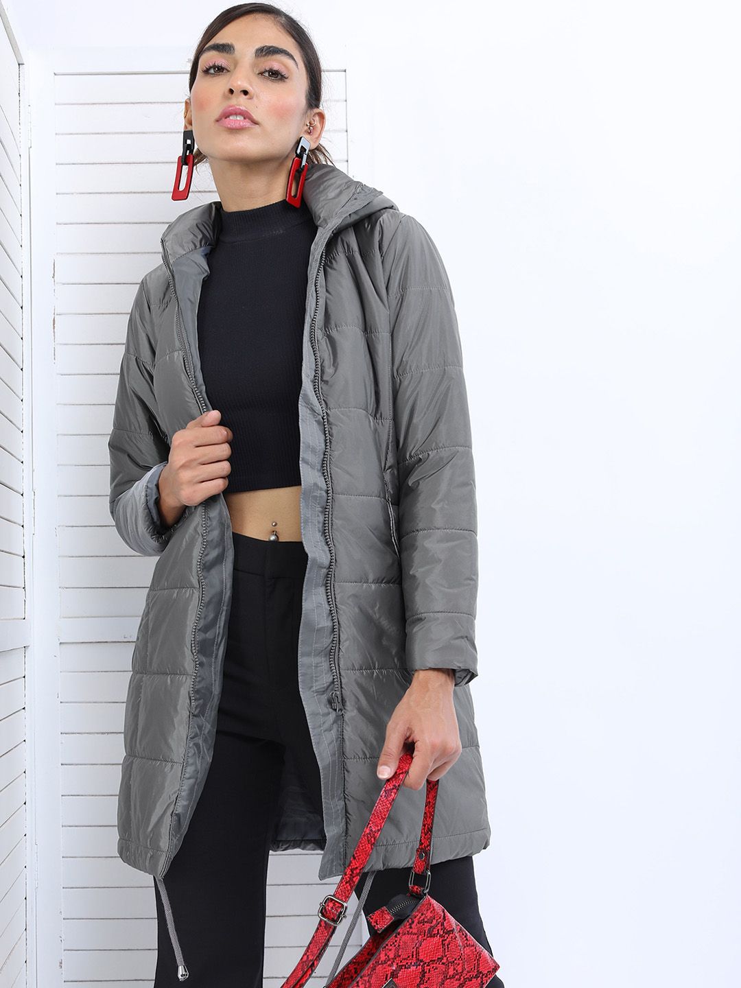 Tokyo Talkies Women Charcoal Solid Nylon Longline Hooded Padded Jacket
