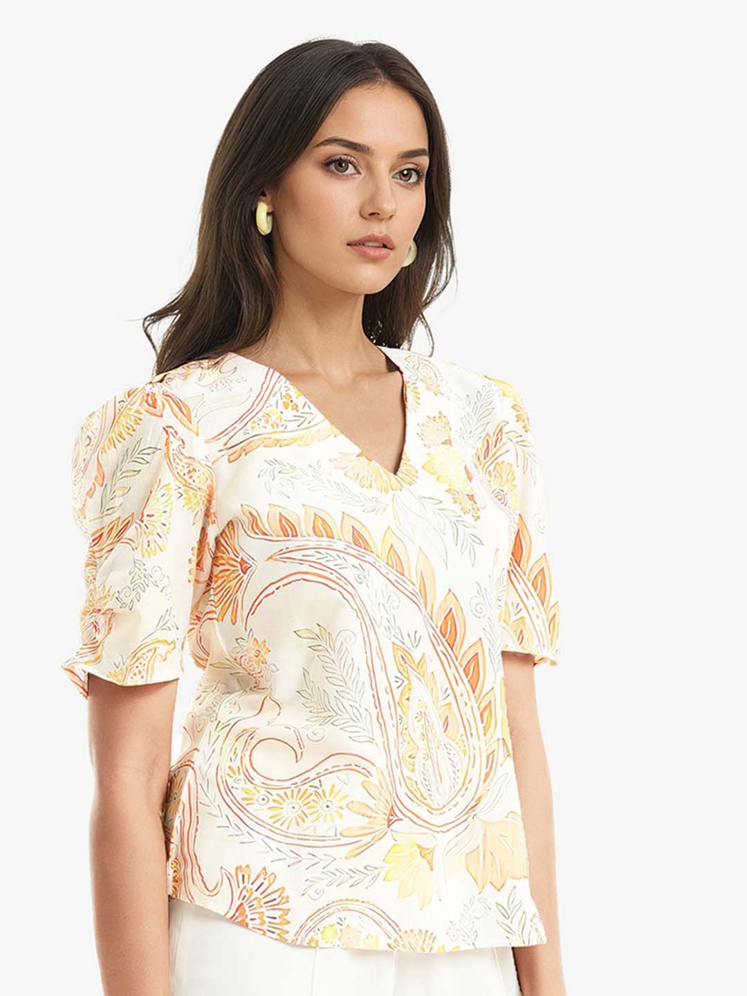 RAREISM Floral Printed Vigeveno Light V-Neck Puff Sleeves Cotton Top
