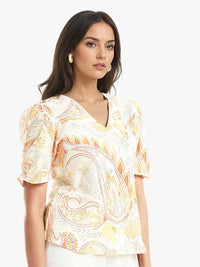RAREISM Floral Printed Vigeveno Light V-Neck Puff Sleeves Cotton Top