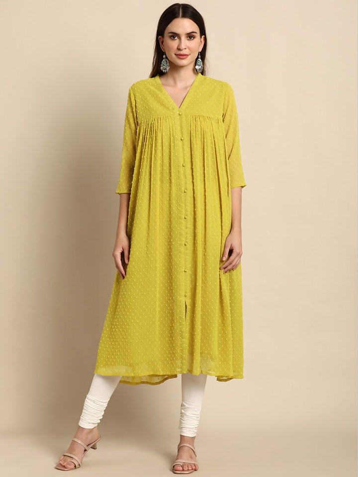 Janasya Women Mustard Chiffon Self Design Front Slit Kurta