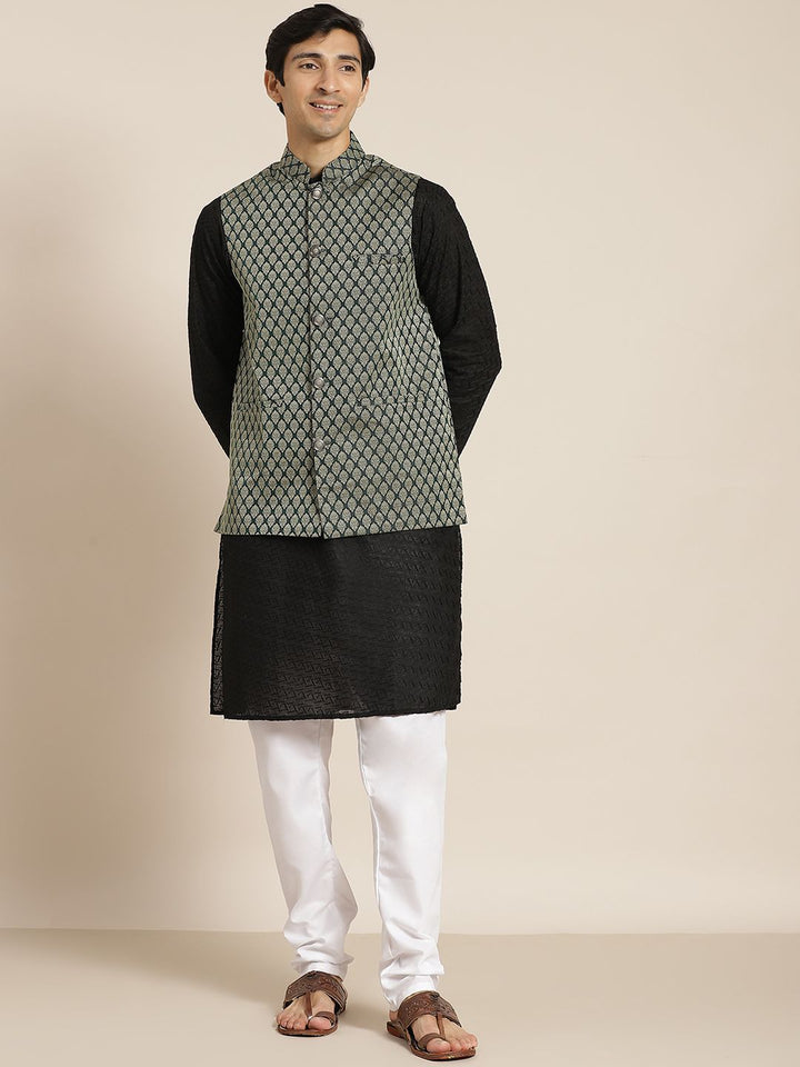 SOJANYA Men Black Ethnic Motifs Chikankari Pure Cotton Kurta with Churidar & Nehru Jacket