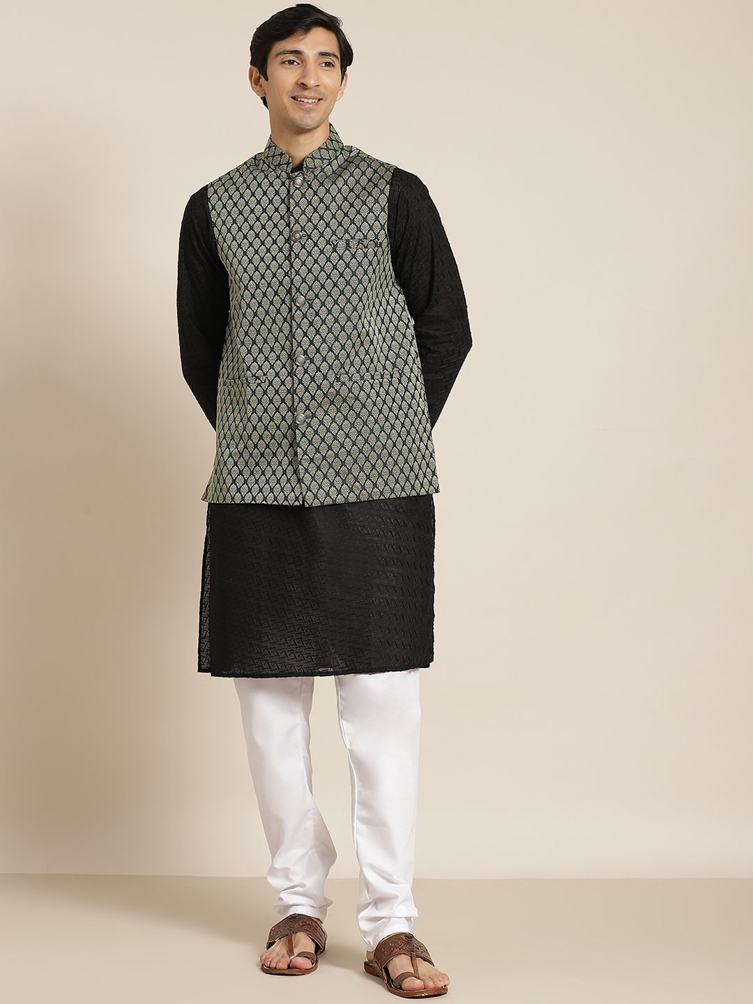 SOJANYA Men Black Ethnic Motifs Chikankari Pure Cotton Kurta with Churidar & Nehru Jacket