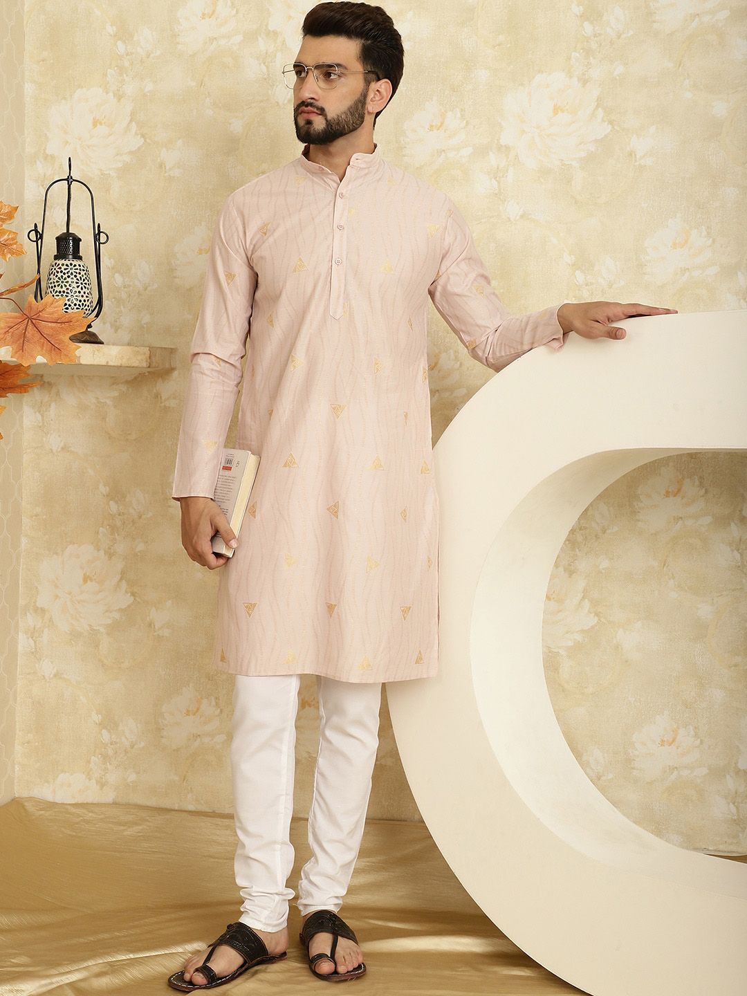 SOJANYA Geometric Printed Band Collar Straight Kurta with Churidar