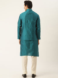 SOJANYA Men Teal Floral Kurta with Churidar & Nehru Jacket