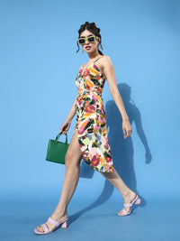 Berrylush Women Striking Multi-Coloured Abstract Ruched Dress