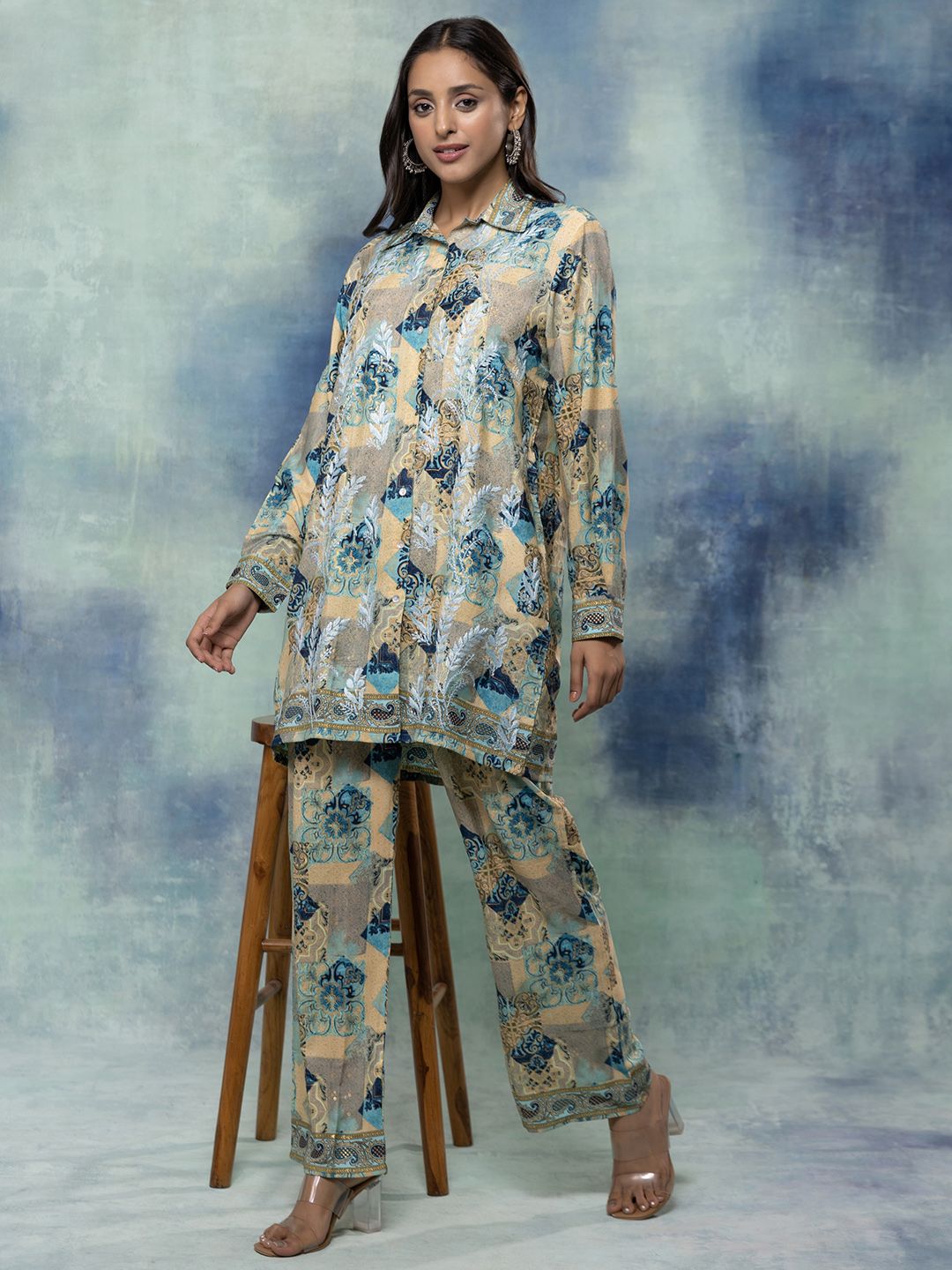 HOUSE OF KARI Printed Chikankari Shirt Collar A-line Tunic With Trousers