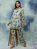HOUSE OF KARI Printed Chikankari Shirt Collar A-line Tunic With Trousers