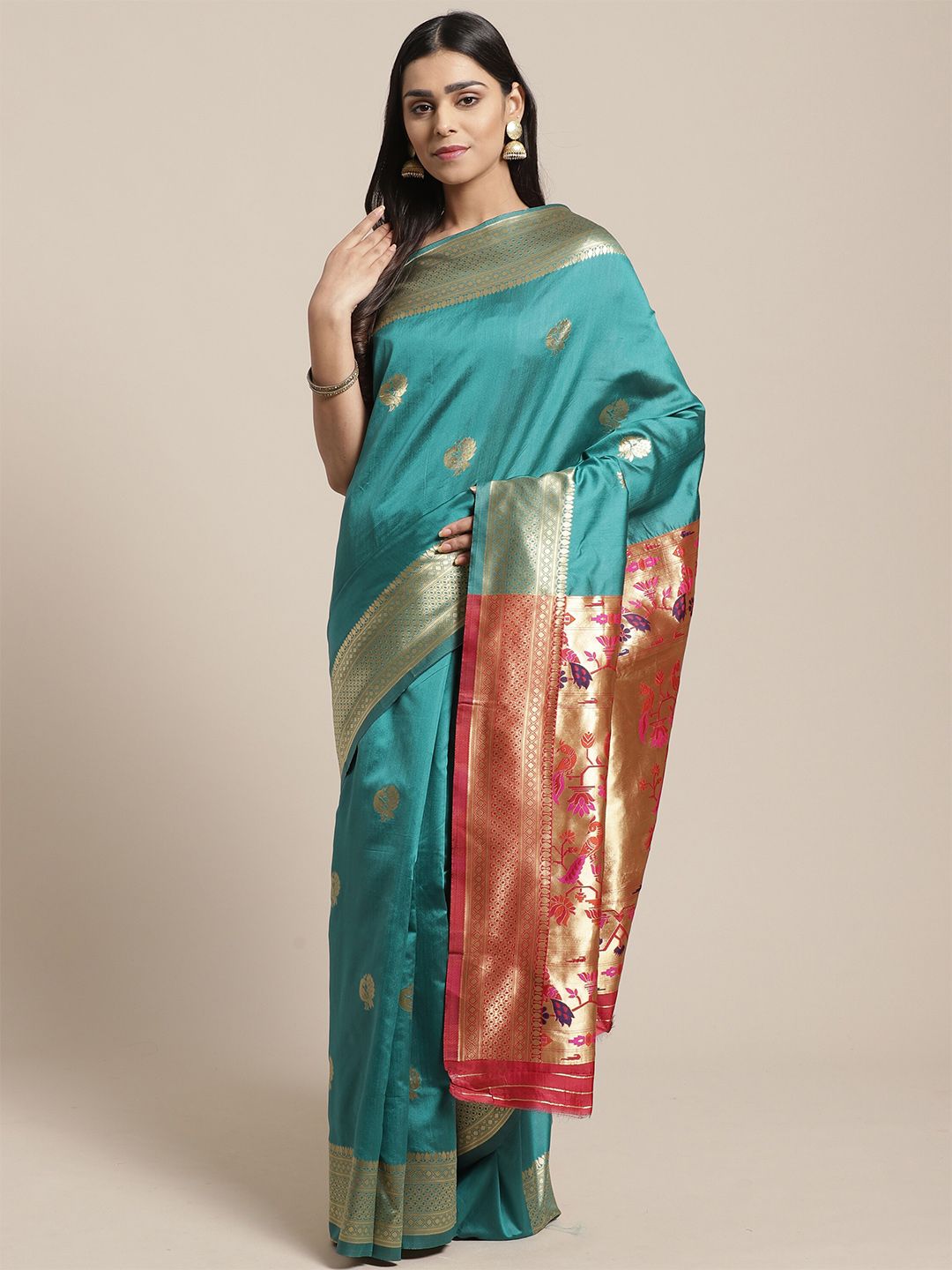Saree mall Green & Red Warli Zari Silk Blend Heavy Work Banarasi Sarees