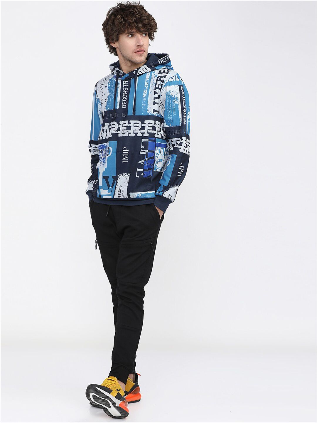 HIGHLANDER Men Blue & White Printed Hooded Sweatshirt
