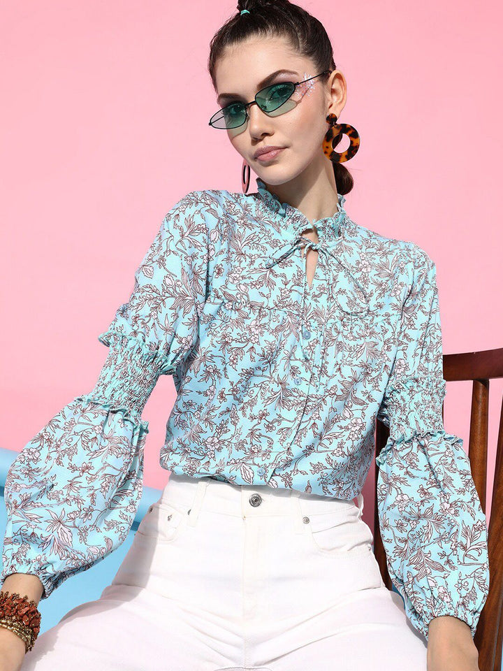 STREET 9 Women Blue Floral Print Tie-Up Neck Shirt Style Top
