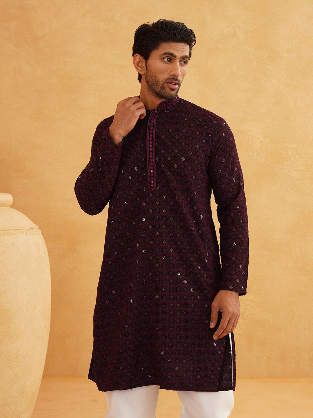 SOJANYA Embroidered Sequinned Pure Cotton Kurta with Churidar