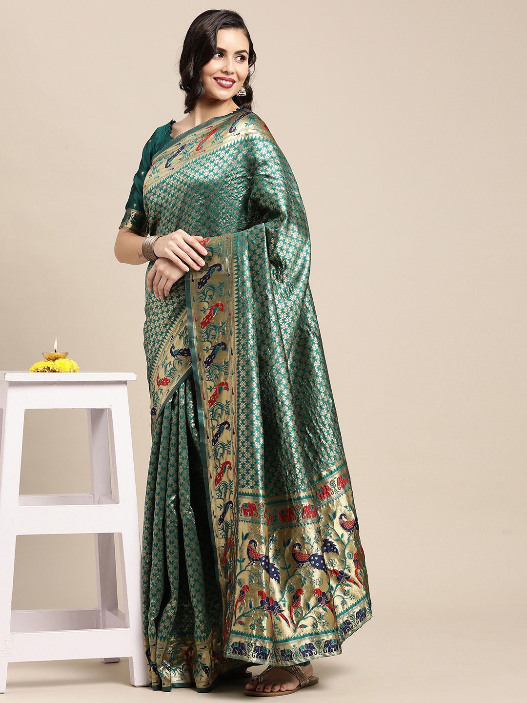 Saree mall Teal & Red Woven Design Zari Silk Blend Paithani Sarees