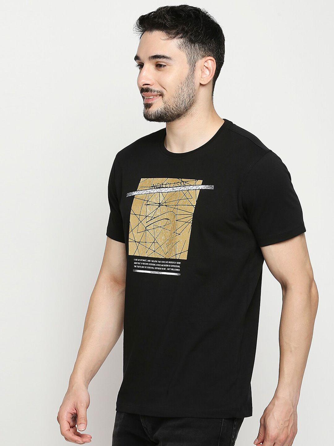 SPYKAR Men Black & Gold-Toned Printed Applique Slim Fit T-shirt