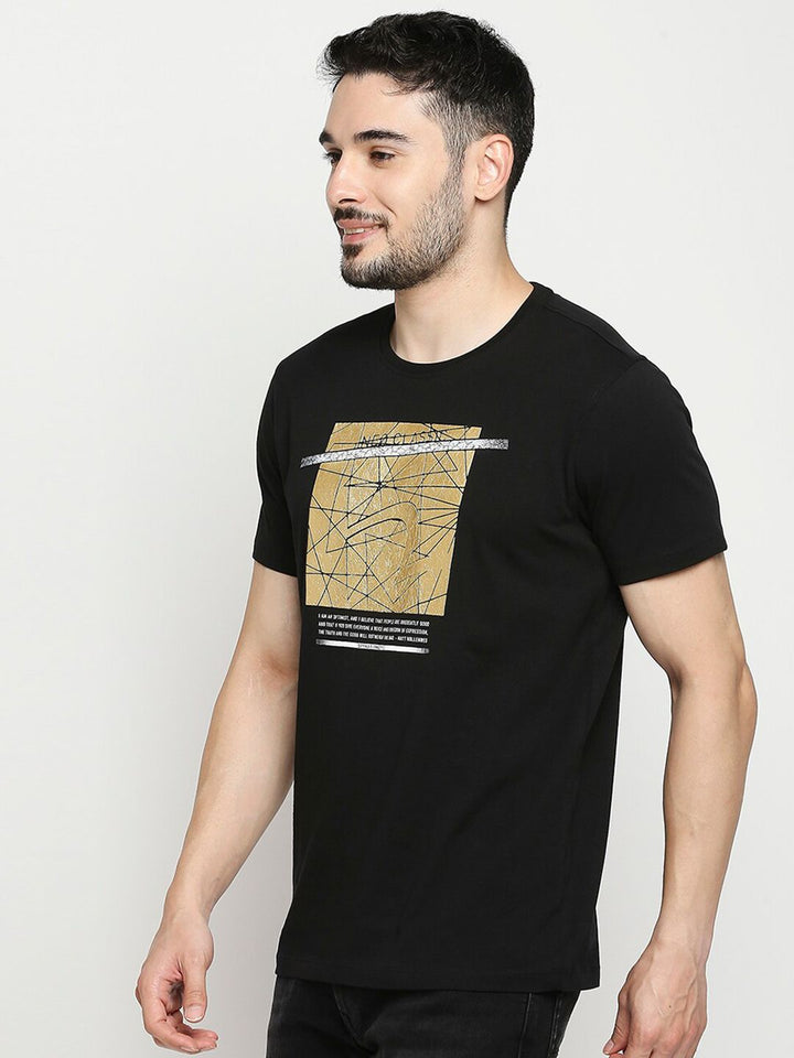 SPYKAR Men Black & Gold-Toned Printed Applique Slim Fit T-shirt
