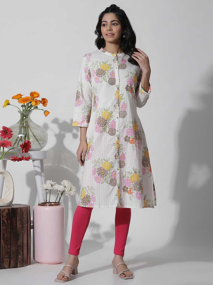 W White Floral Printed Cotton Kurta