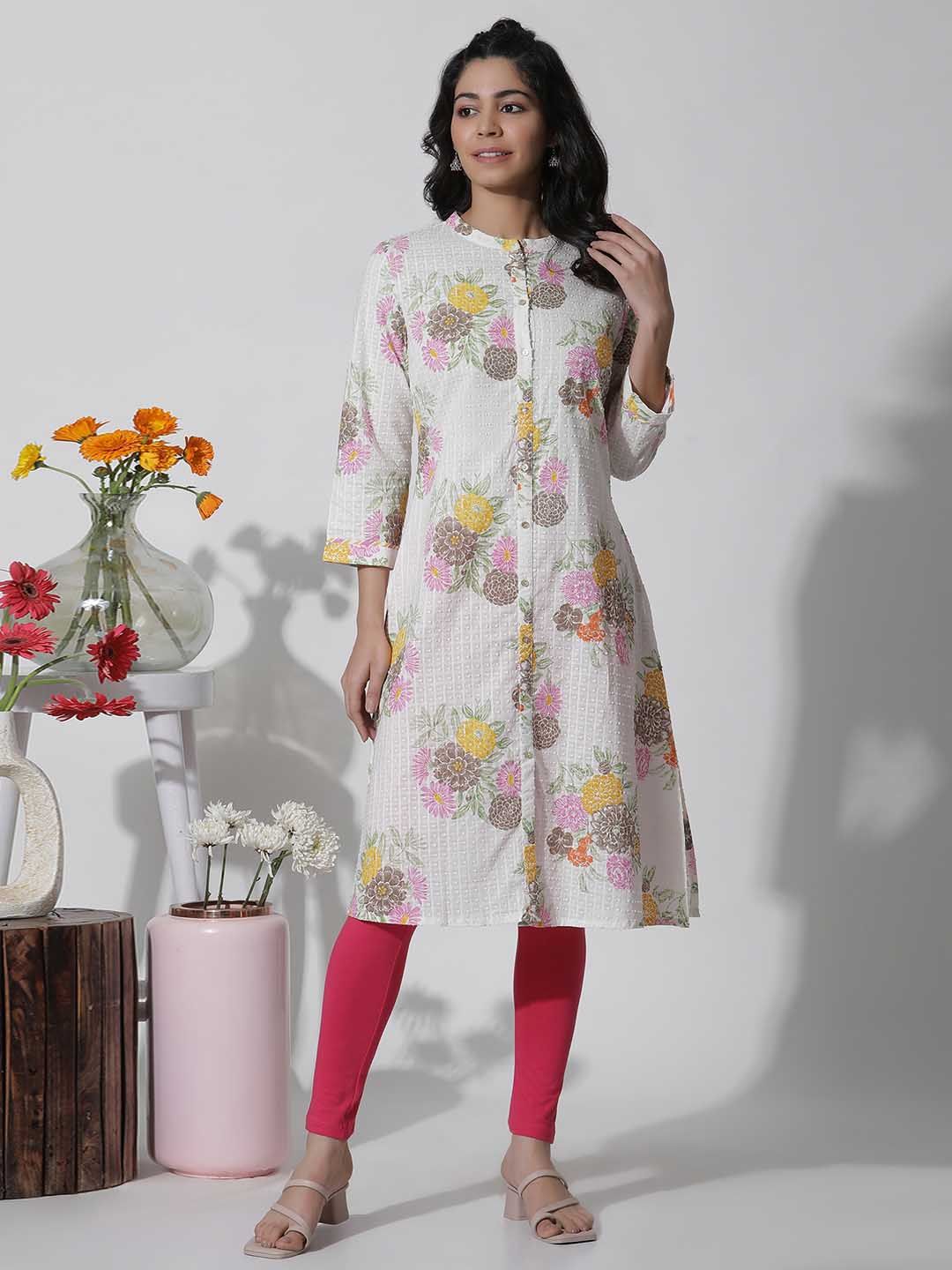 W White Floral Printed Cotton Kurta