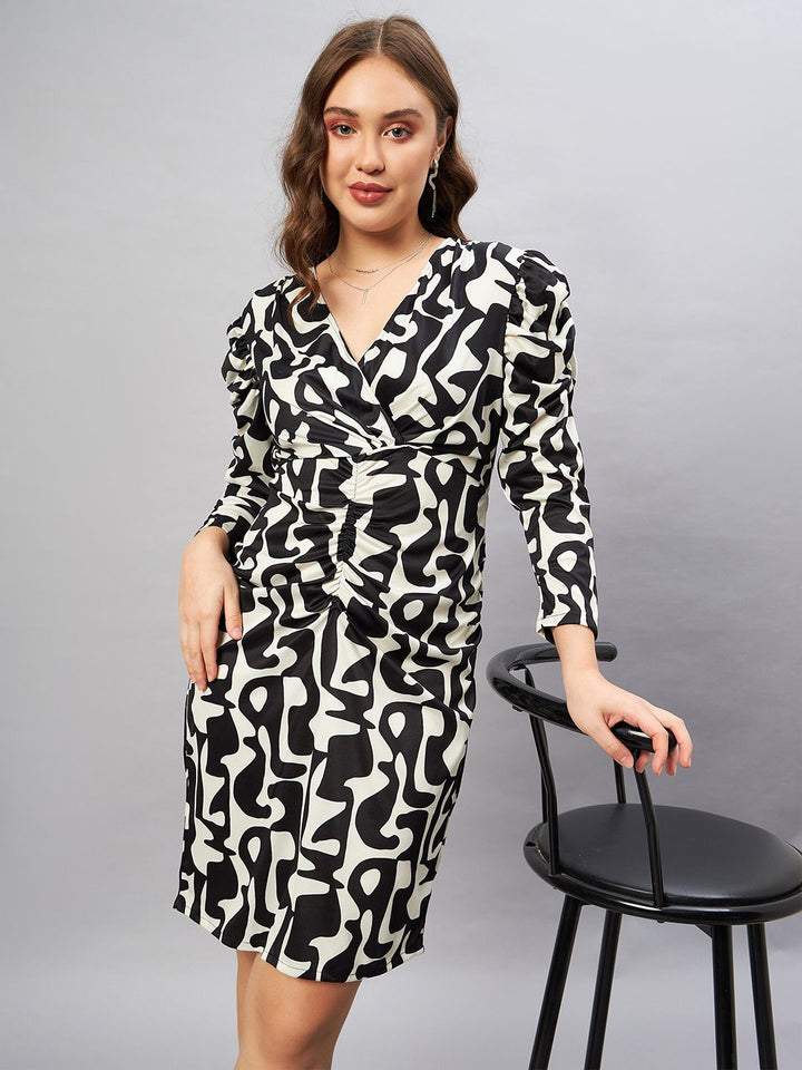 Antheaa Black & Off White Abstract Printed V-Neck Gathered Sheath Dress