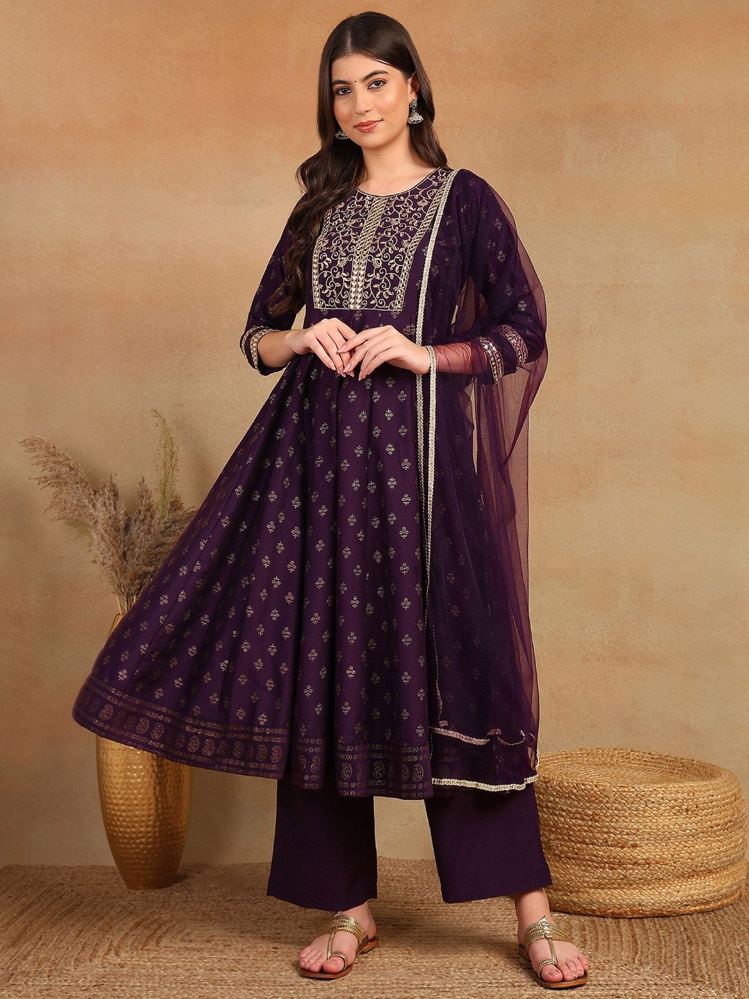 KALINI Ethnic Motifs Printed Anarkali Mirror Work Kurta With Trousers & Dupatta