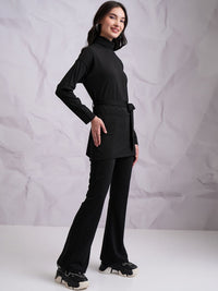 Tokyo Talkies Black High Neck Longline Top With Trouser & Belt