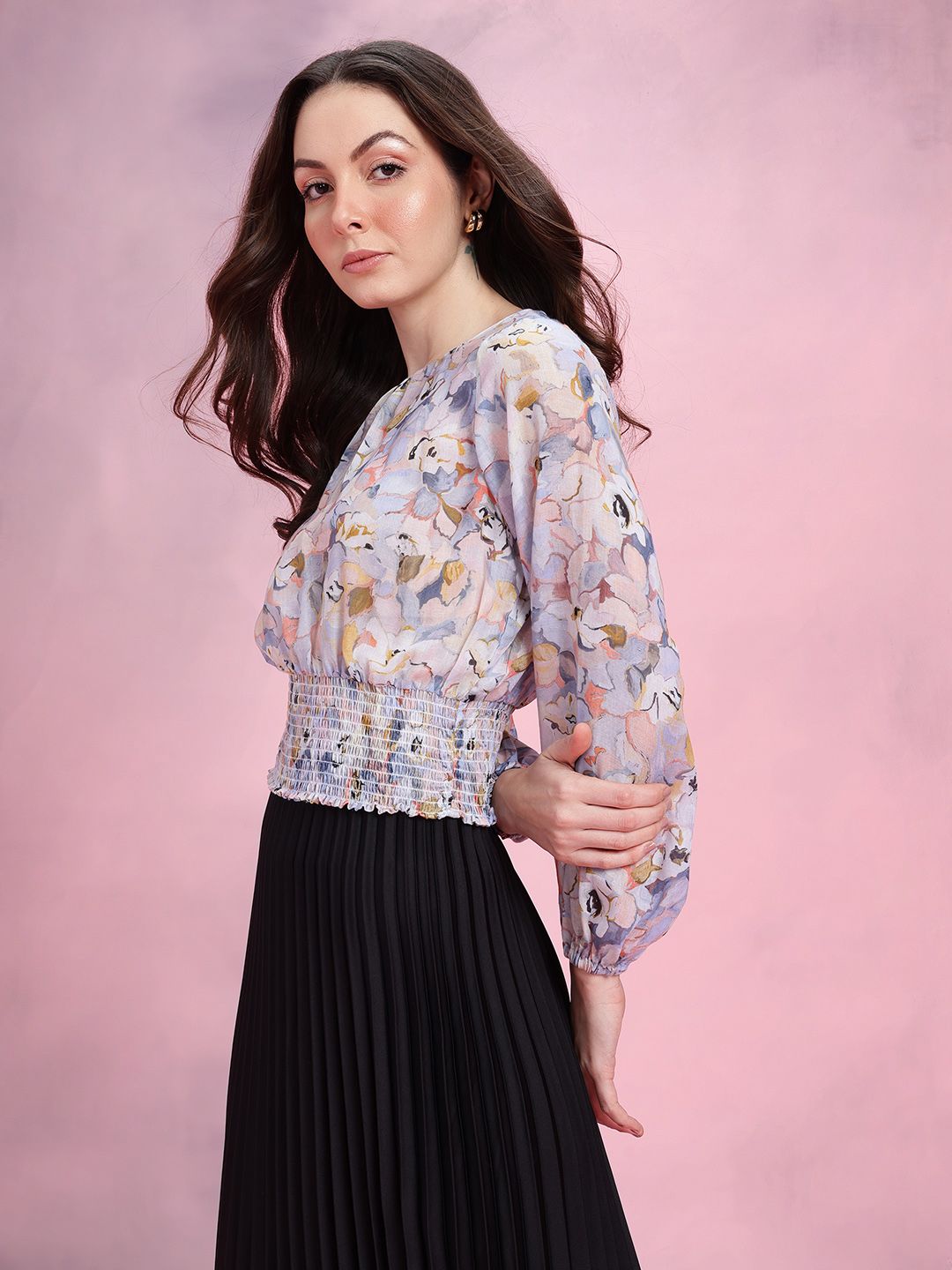 DressBerry Floral Print Smocked Detail Puff Sleeves Blouson Top