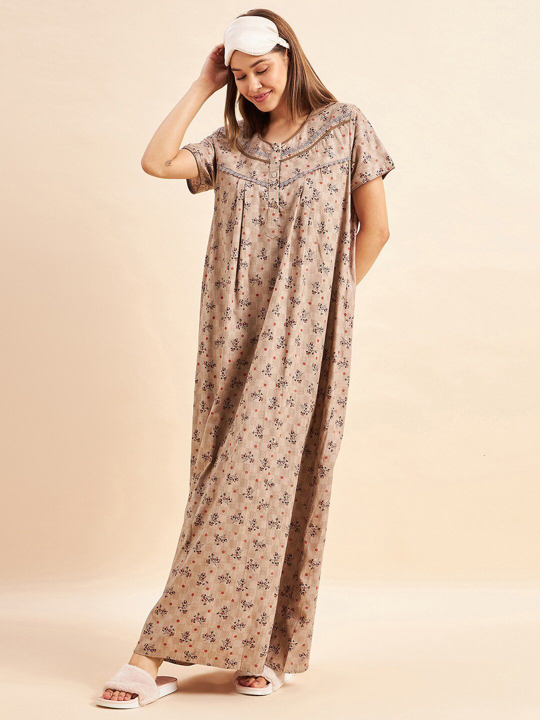 Sweet Dreams Brown Floral Printed Pure Cotton Maxi Nightdress