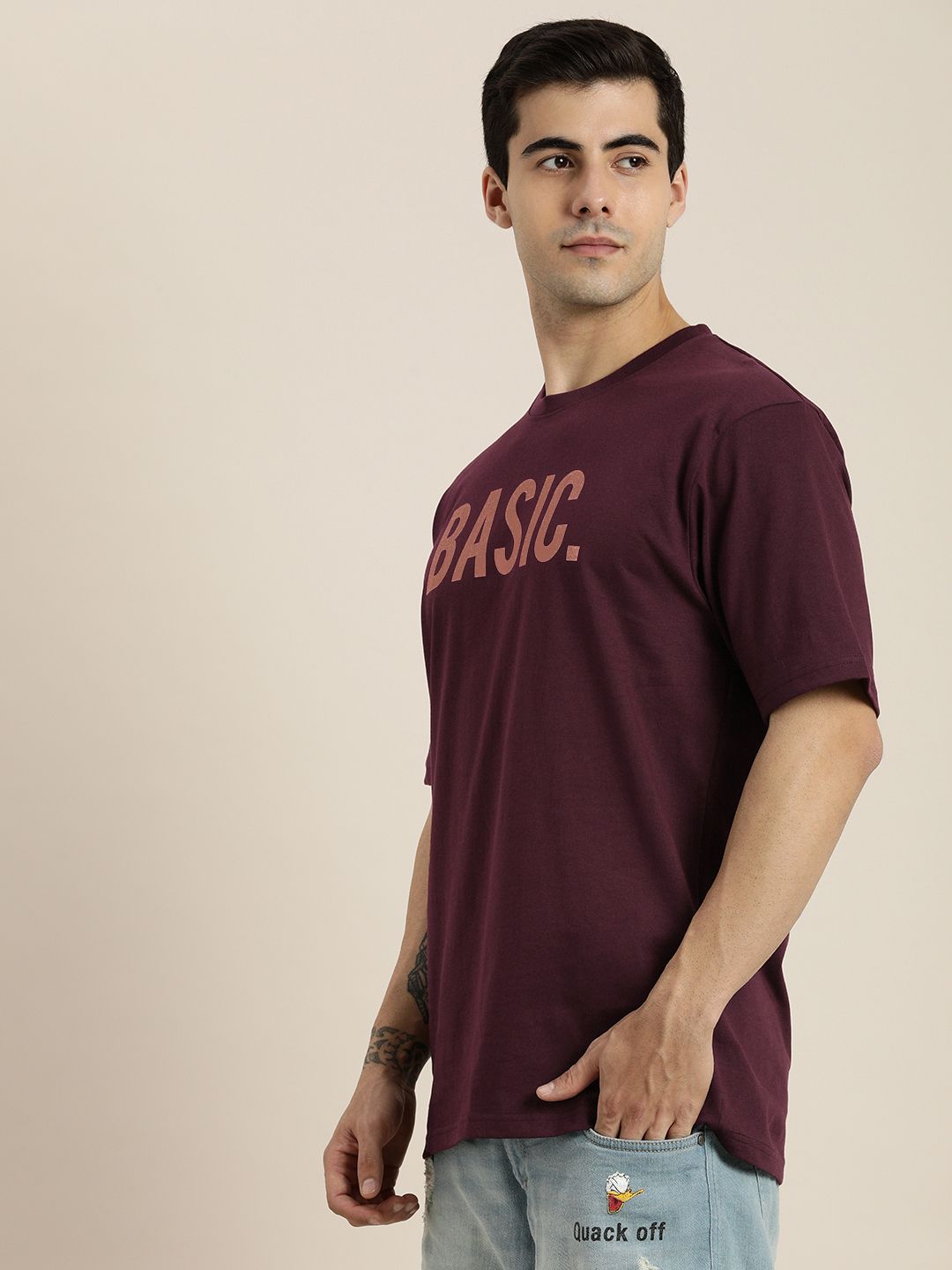 DILLINGER Men Maroon Typography Printed Pure Cotton Loose Oversized T-shirt
