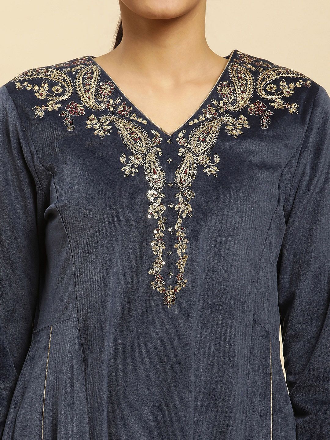 W Navy Blue Paisley Yoke Design Sequinned Anarkali Kurta