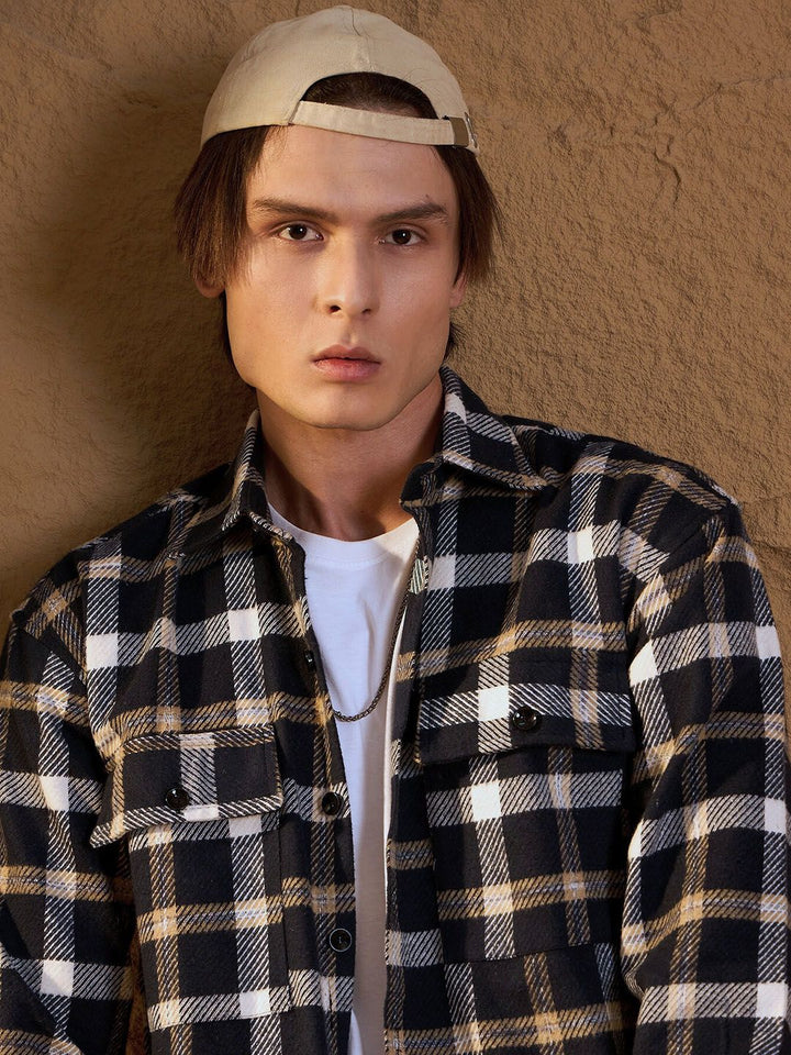 DENNISON Men Double Pocket Drop Shoulder Oversized Cotton Checked Shacket