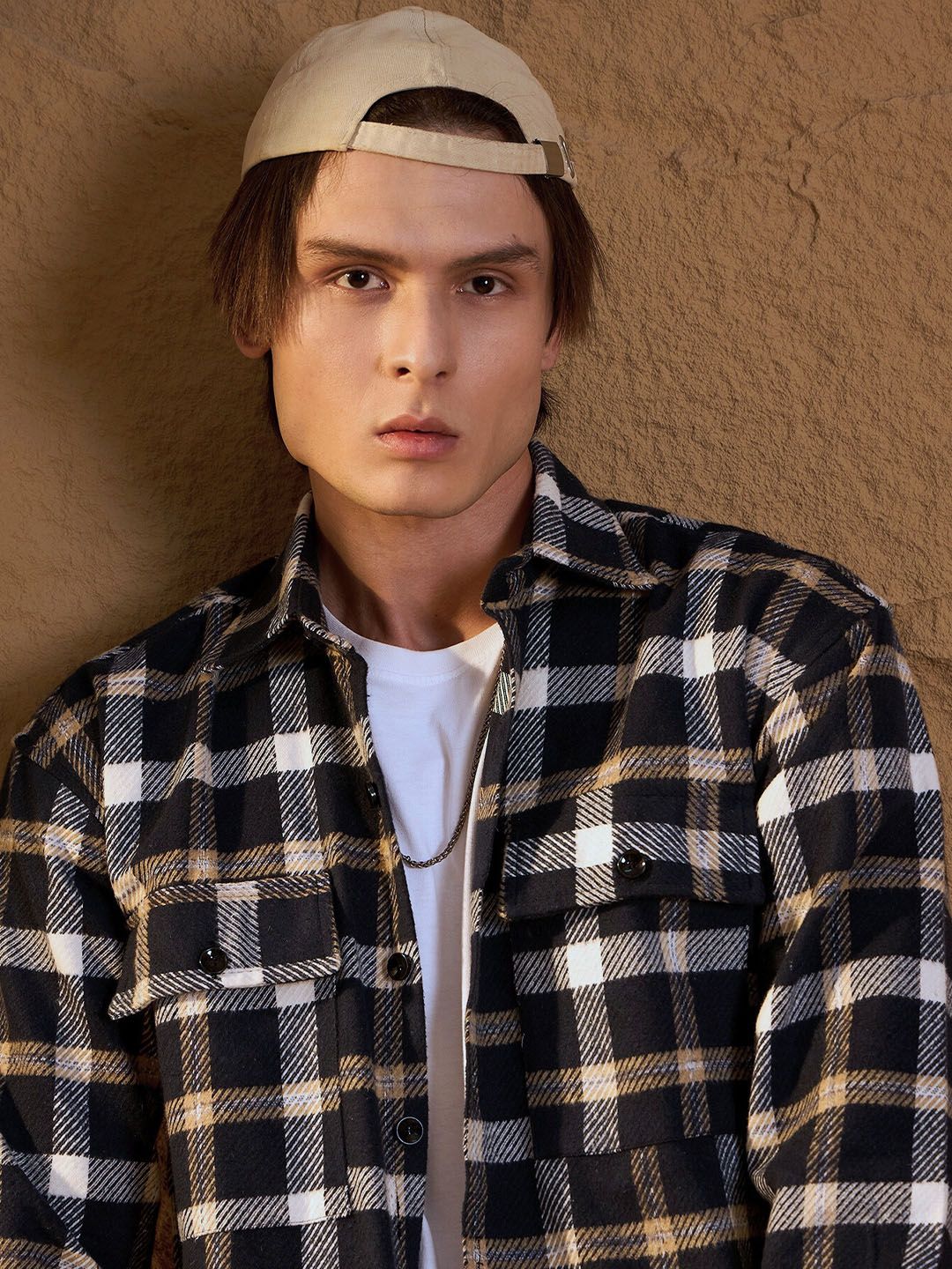 DENNISON Men Double Pocket Drop Shoulder Oversized Cotton Checked Shacket