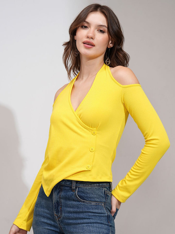Tokyo Talkies Women Ribbed Halter Neck Overlap Top