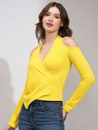 Tokyo Talkies Women Ribbed Halter Neck Overlap Top