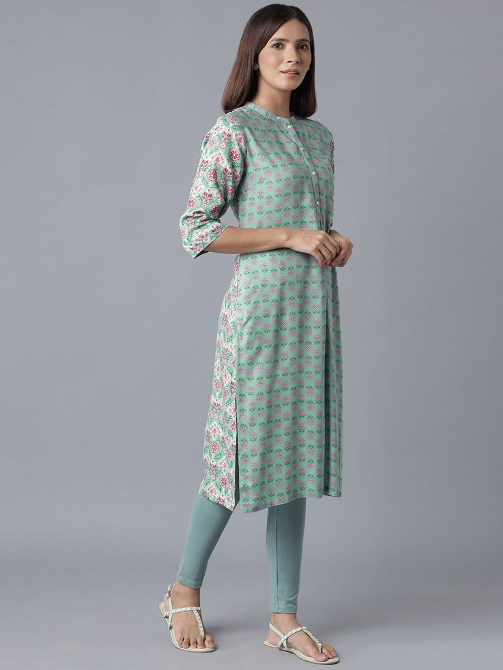 W Women Blue Geometric Checked Flared Sleeves Thread Work Kurta