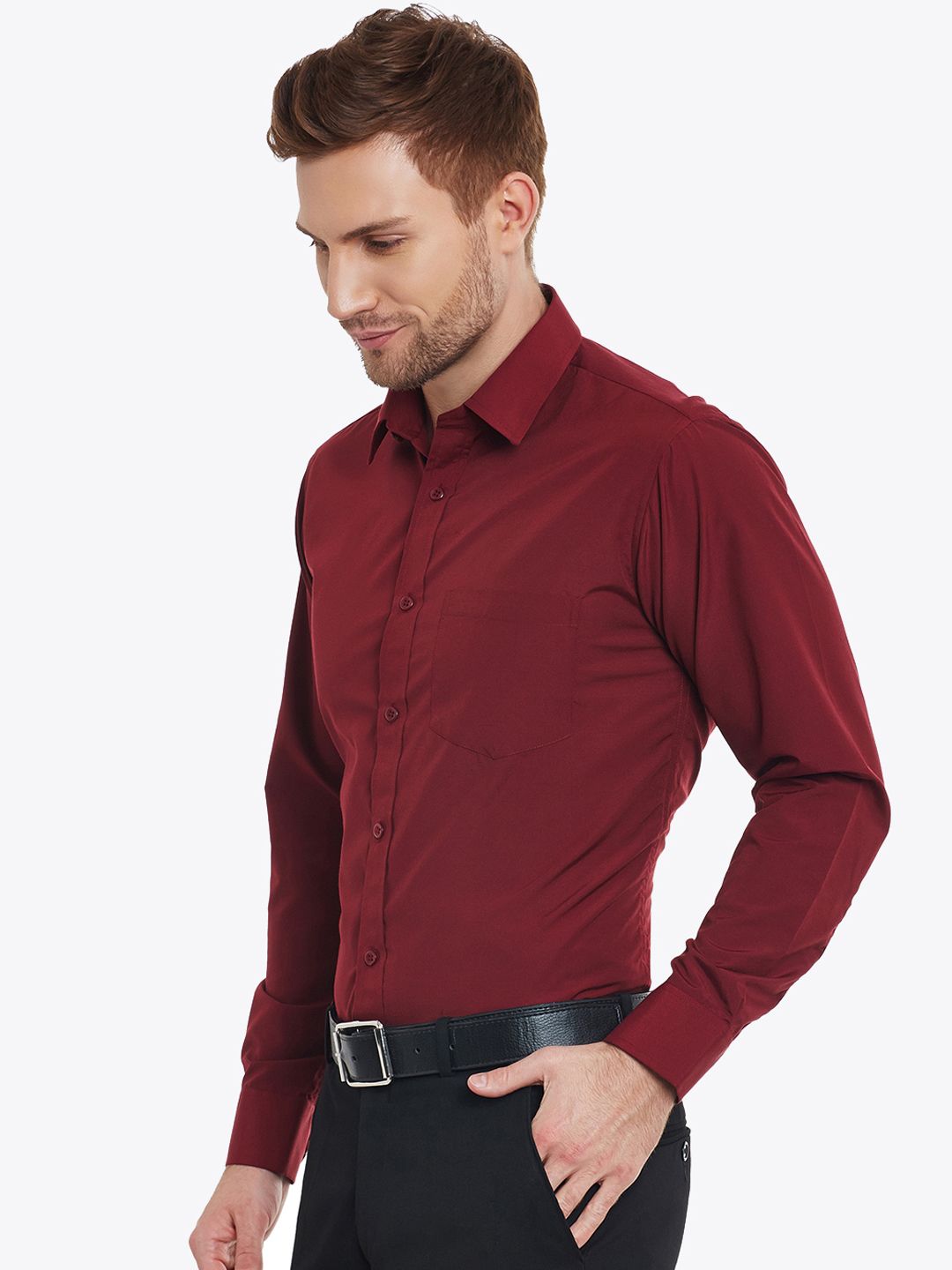 English Navy Men Maroon Slim Fit Solid Formal Shirt