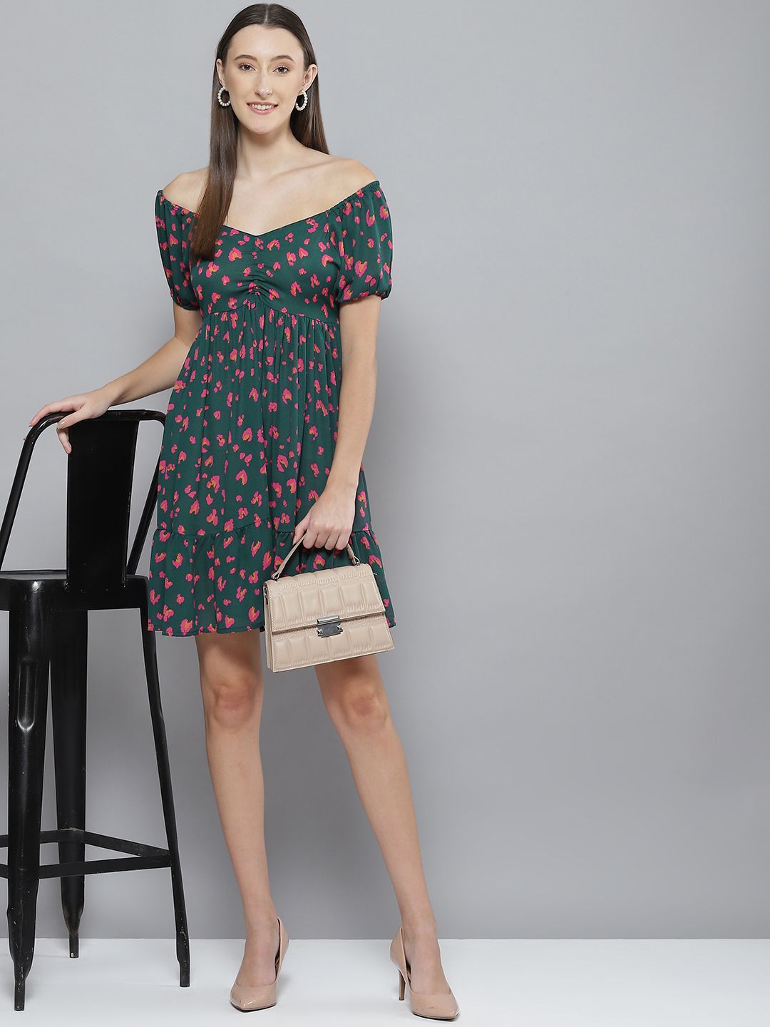 DENNISON Green Floral Off-Shoulder Crepe A-Line Dress