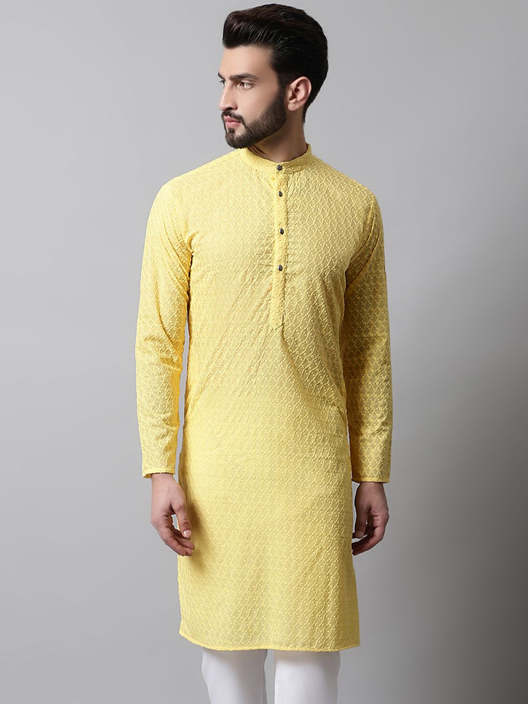Jompers Men Yellow Geometric Embroidered Kurta