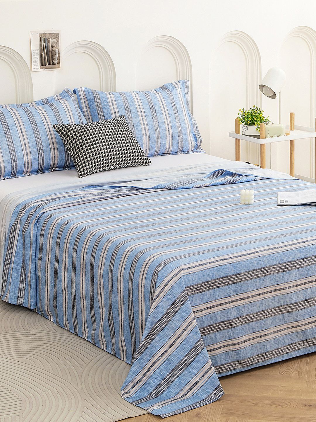 Story@home Aviator Blue 240 TC Cotton Striped King Bedsheet with 2 Pillow Covers