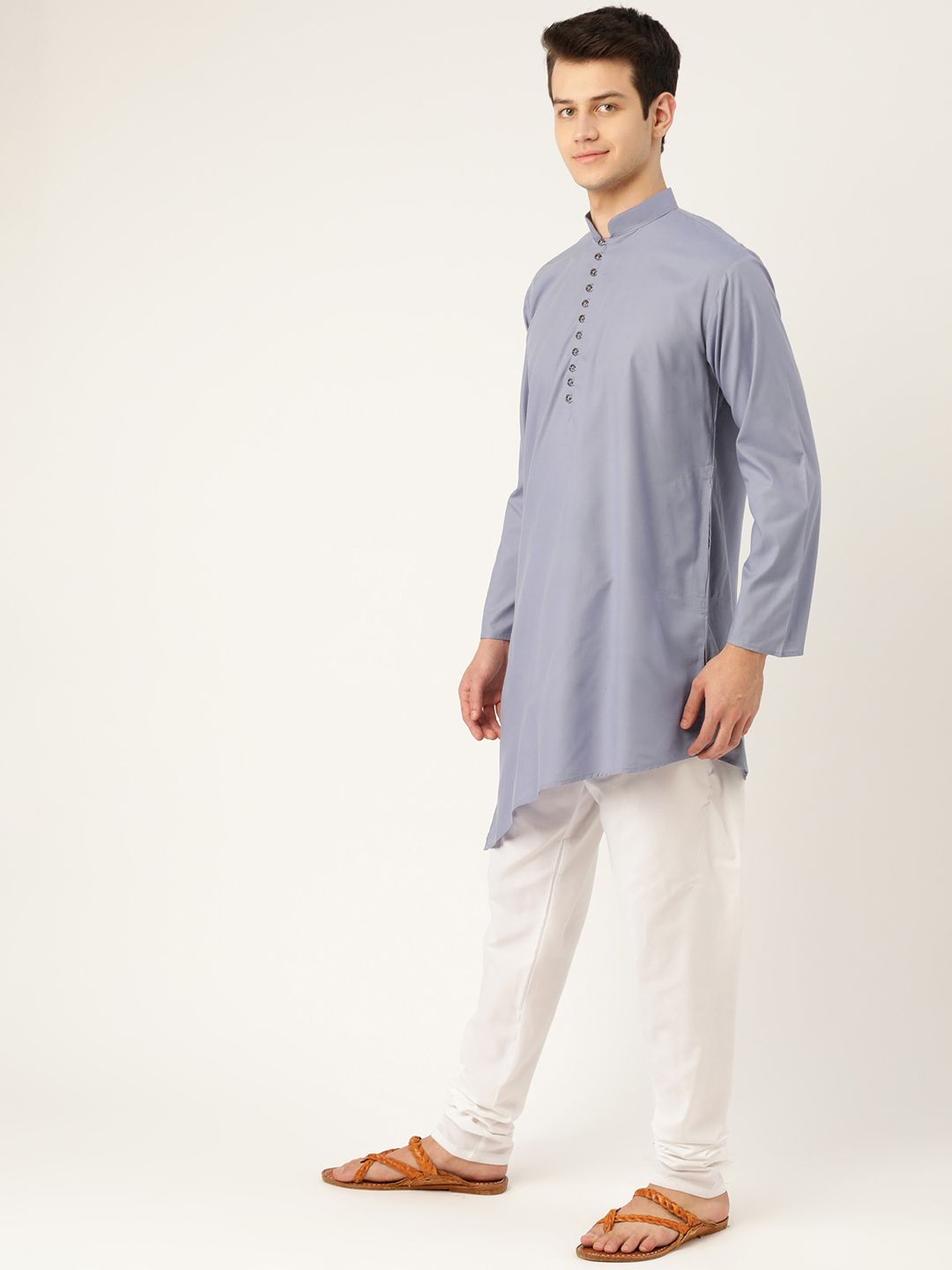 SOJANYA Men Grey Solid Straight Kurta with Asymmetric Hem