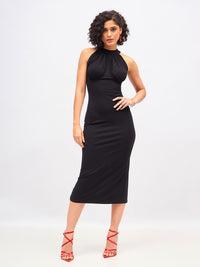 SASSAFRAS Black High Neck Sheath Midi Dress