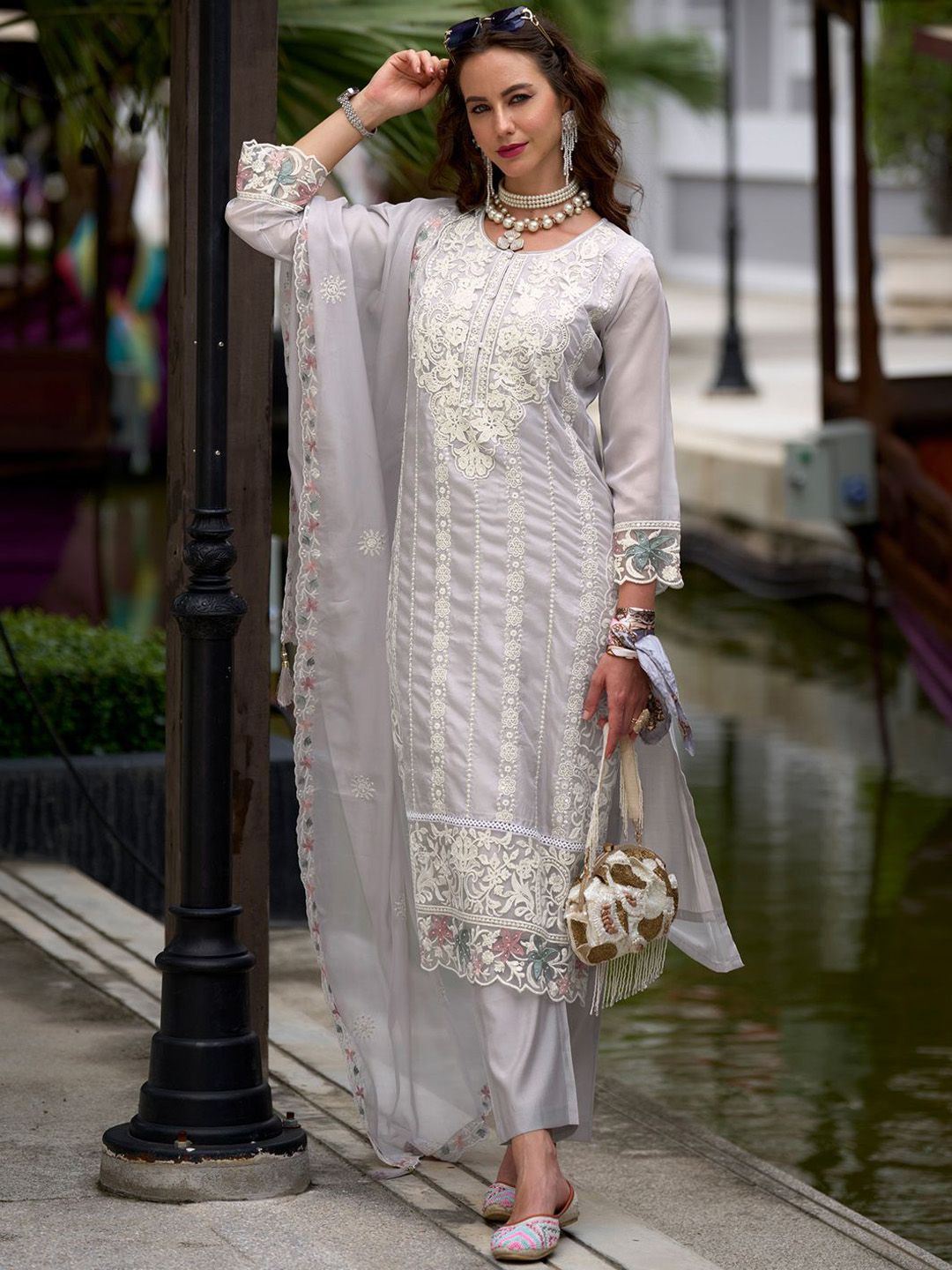 Indo Era Floral Embroidered Sequinned Straight Kurta with Trouser & Dupatta