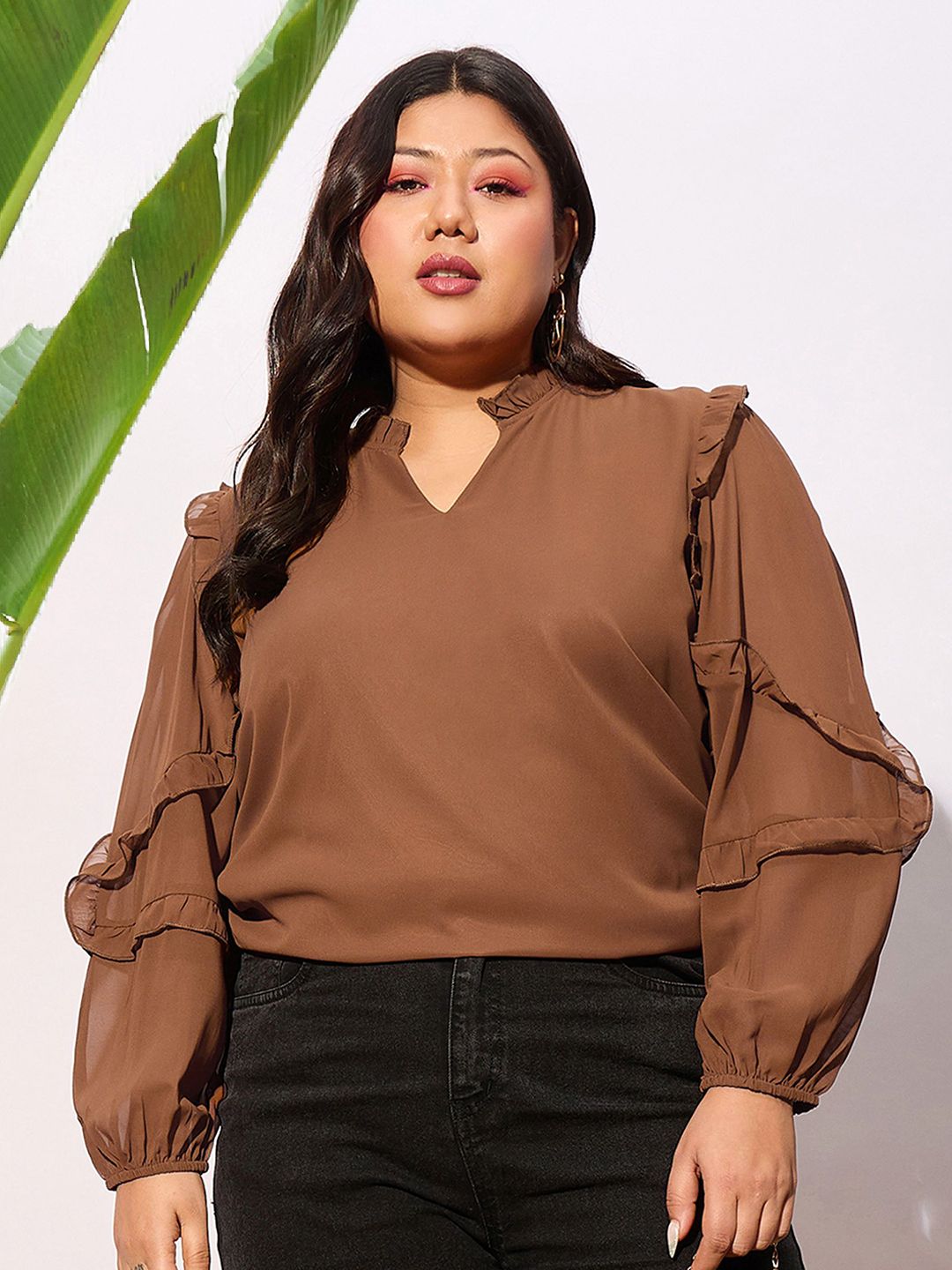 SASSAFRAS Curve Plus Size V-Neck Ruffles Georgette Top