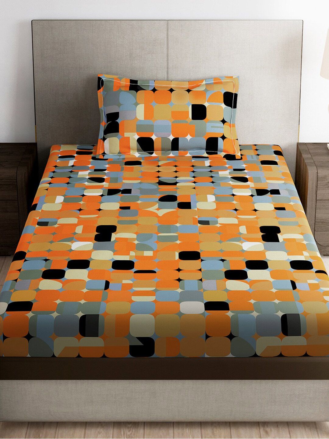 Story@home Orange & White Geometric Microfiber 180 TC Single Bedsheet With 1 Pillow Cover